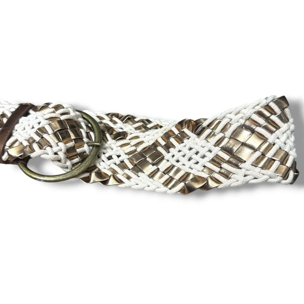 Vintage Y2K thick braided leather white gold and brass wide belt rodeo western M
